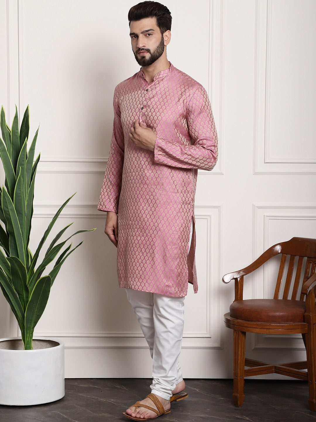 Sojanya Men Pink & Off-White Woven Design Kurta with Churidar - Distacart