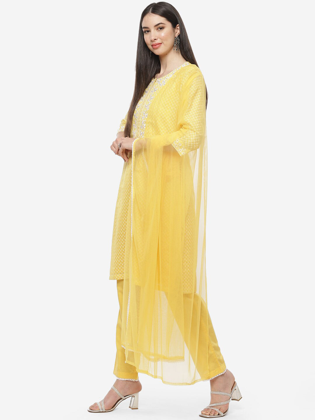 Biba Women Yellow Floral Embroidered Kurta with Salwar & Dupatta - Distacart