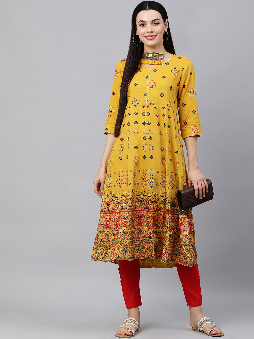 Kalini Women Yellow & Red Ethnic Motifs Printed A-Line Kurta - Distacart