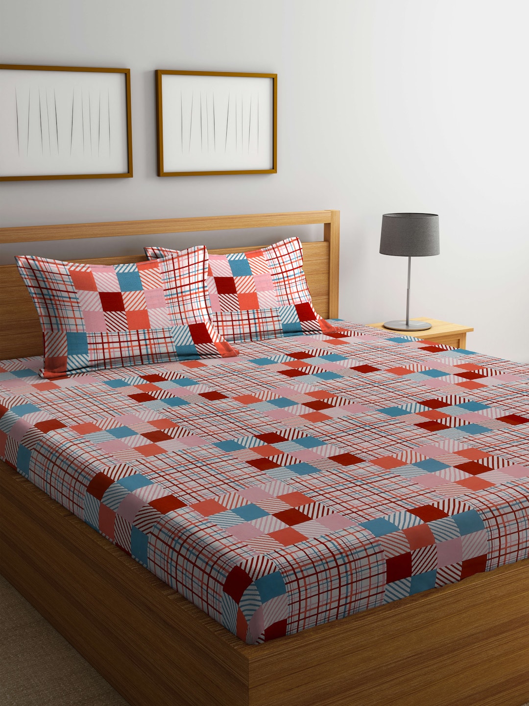 BOMBAY DYEING Marigold Pink Geometric Cotton 104 TC King Bedsheet & 2 Pillow Covers - Distacart