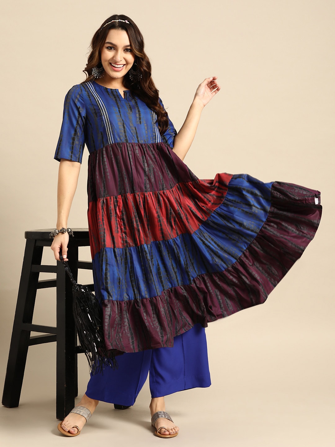 Sangria Women Dyed Tiered Kurta with Palazzos - Distacart