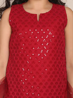 Thumbnail for NOZ2TOZ Maroon Floral Embroidered Sequinned Kurti with Skirt & With Dupatta For Girls - Distacart
