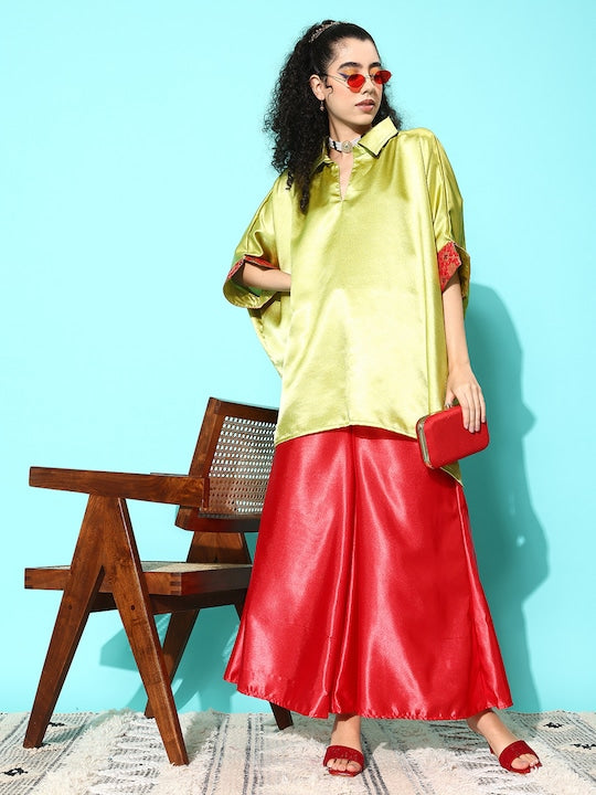 InWeave Women's Olive Red Brocade Satin Boho Kurta Red Palazzo Set - Distacart