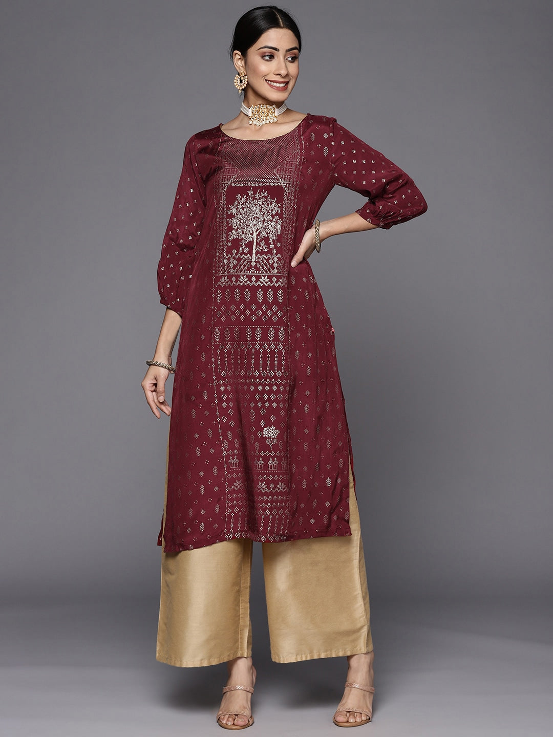 Biba Women Maroon & Golden Ethnic Motifs Printed Puff Sleeves A-Line Kurta - Distacart