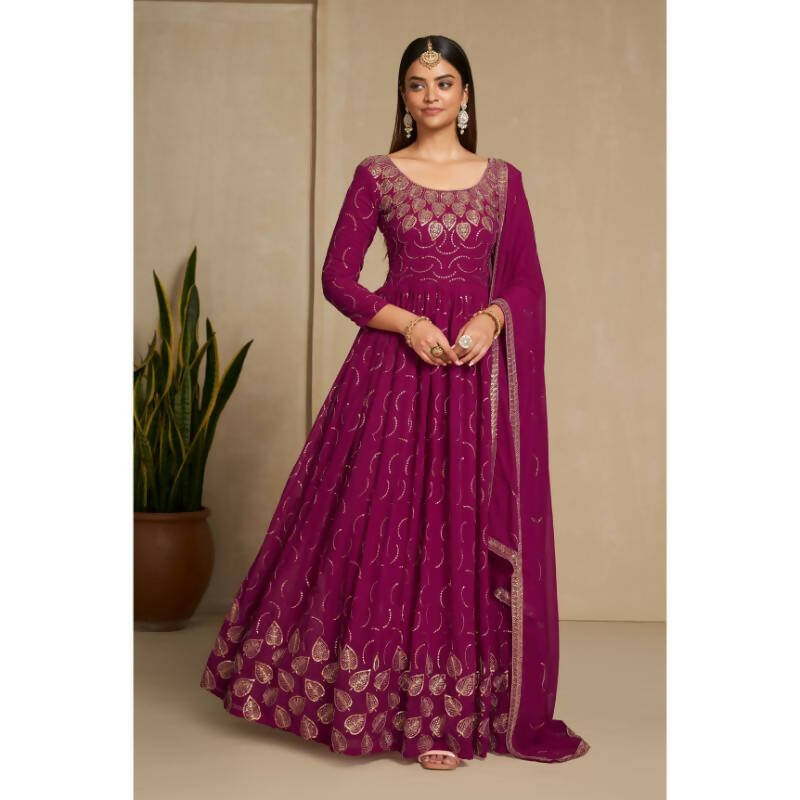 Aastha Fashion Women's Cherry Pink Faux Georgette Zari & Sequins Embroidery Gown with Dupatta - Distacart