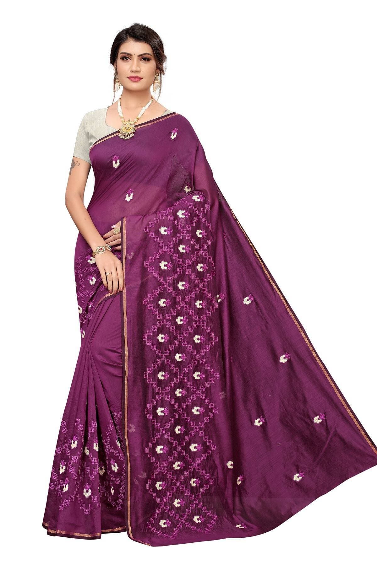 Vamika Wine Chanderi Cotton Chikankari Saree
