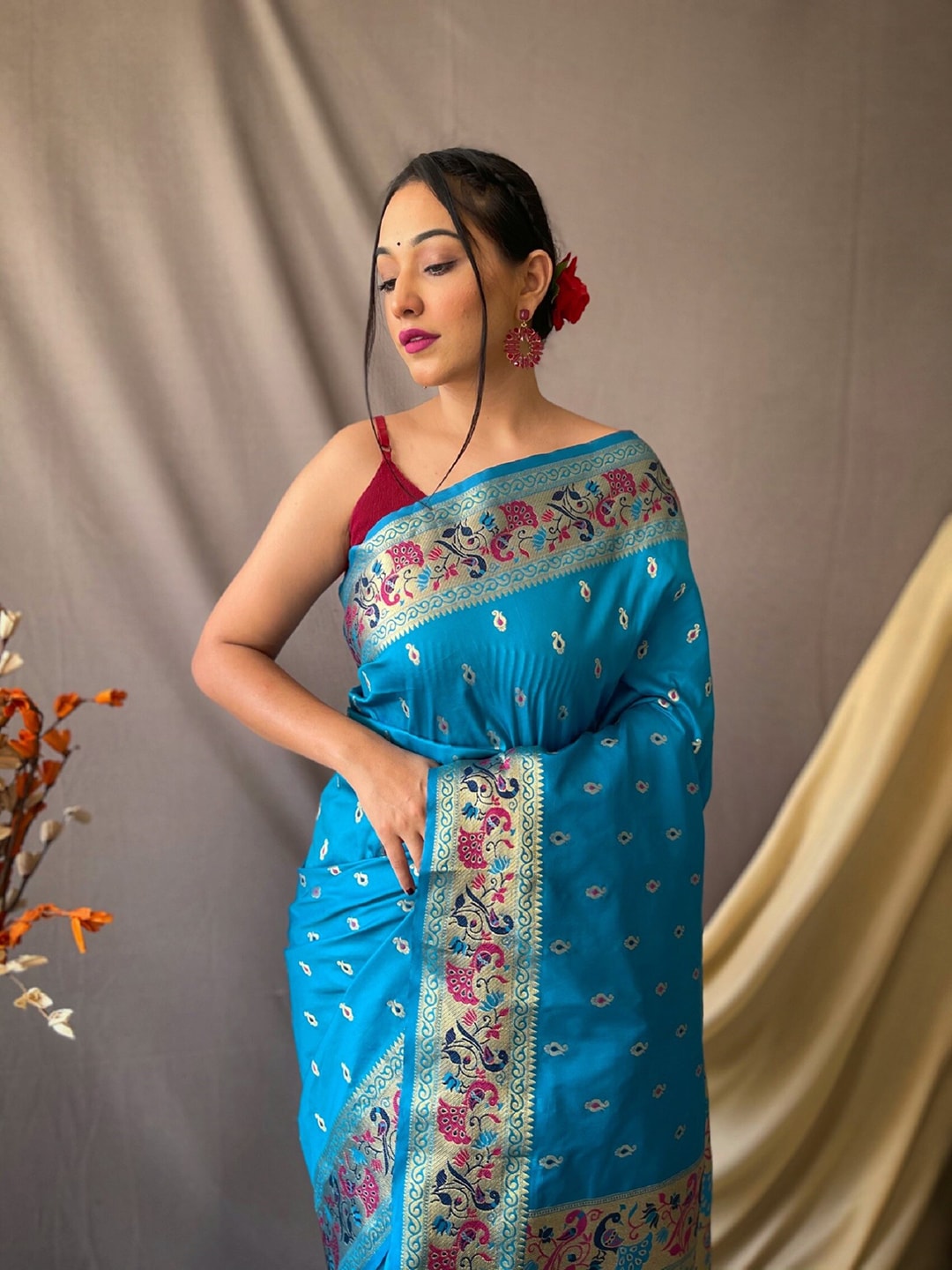 Mitera Blue & Pink Ethnic Motif Woven Design Zari Paithani Saree - Distacart