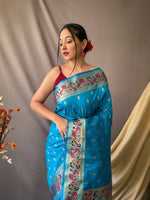 Thumbnail for Mitera Blue & Pink Ethnic Motif Woven Design Zari Paithani Saree - Distacart