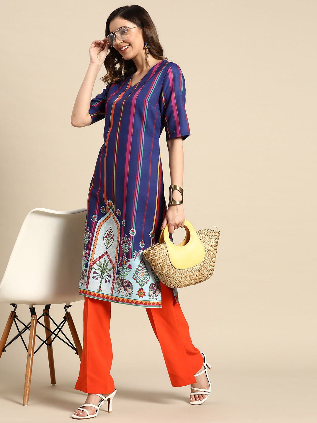 Sangria Striped & Printed Detail Kurta - Distacart