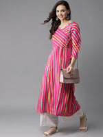 Thumbnail for HERE&NOW Women Stripes & Tie-Up A-Line Viscose Kurta - Distacart