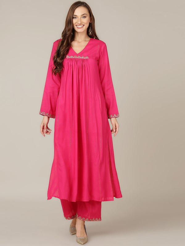 HERE&NOW V-Neck A-Line Bead Work Kurta with Palazzos - Distacart