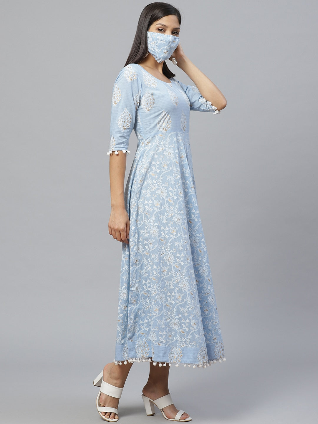 Libas Blue & White Ethnic Motifs Printed Cotton Maxi Dress - Distacart