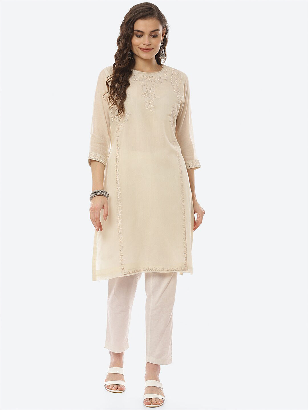 Biba Women Beige Ethnic Motifs Embroidered Mirror Work Floral Kurta - Distacart