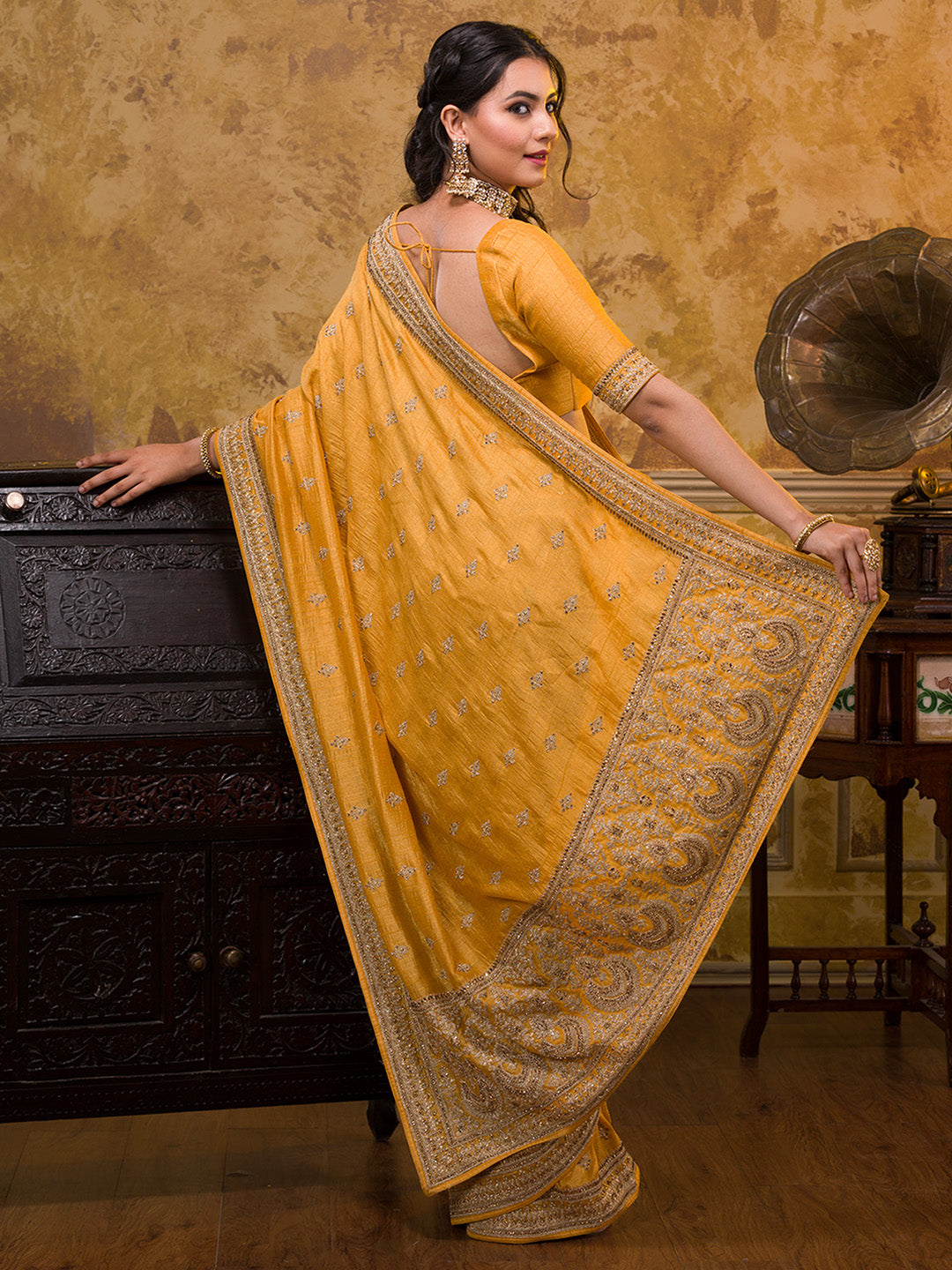 Koskii Women Mustard & Gold-Toned Embroidered Art Silk Heavy Work Saree - Distacart