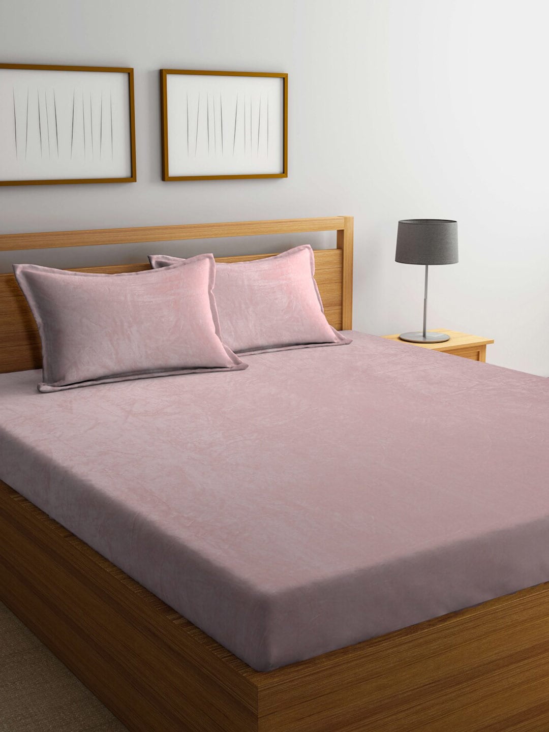 KLOTTHE Pink Woolen 300TC King Bedsheet Fitted Bedsheet With 2 Pillow Covers - Distacart