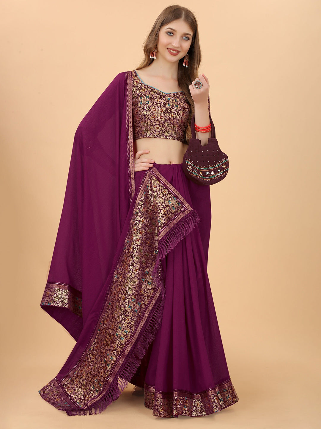 Kalini Purple & Red Pure Silk Saree - Distacart
