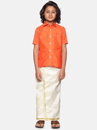 Sethukrishna Boys Orange & White Solid Shirt with Dhoti Set - Distacart