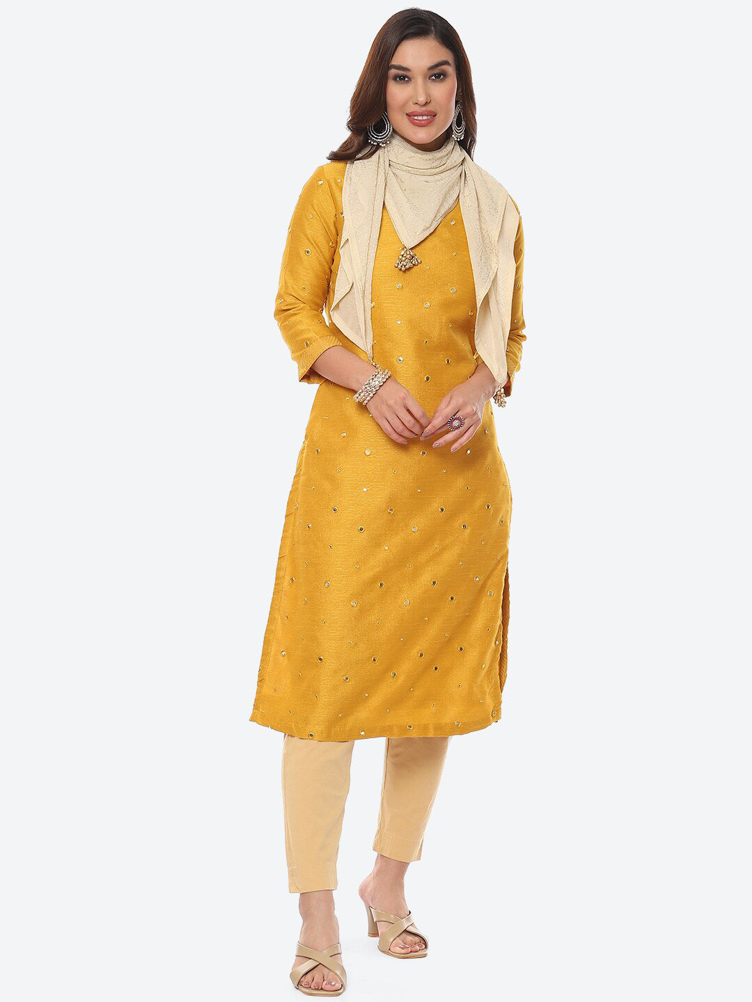 Biba Women Yellow Embellished Mirror Work Straight Fit Art Silk Kurta with Dupatta - Distacart