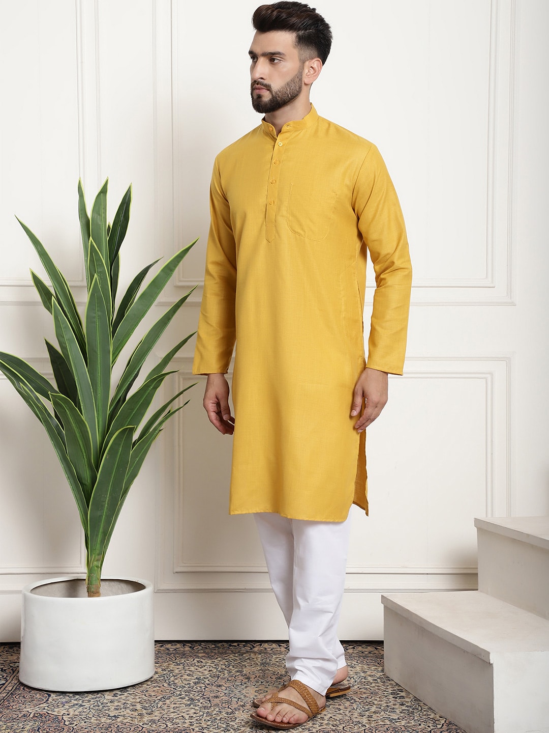 Sojanya Men Mustard Yellow Pure Cotton Kurta with Churidar & Nehru Jacket - Distacart