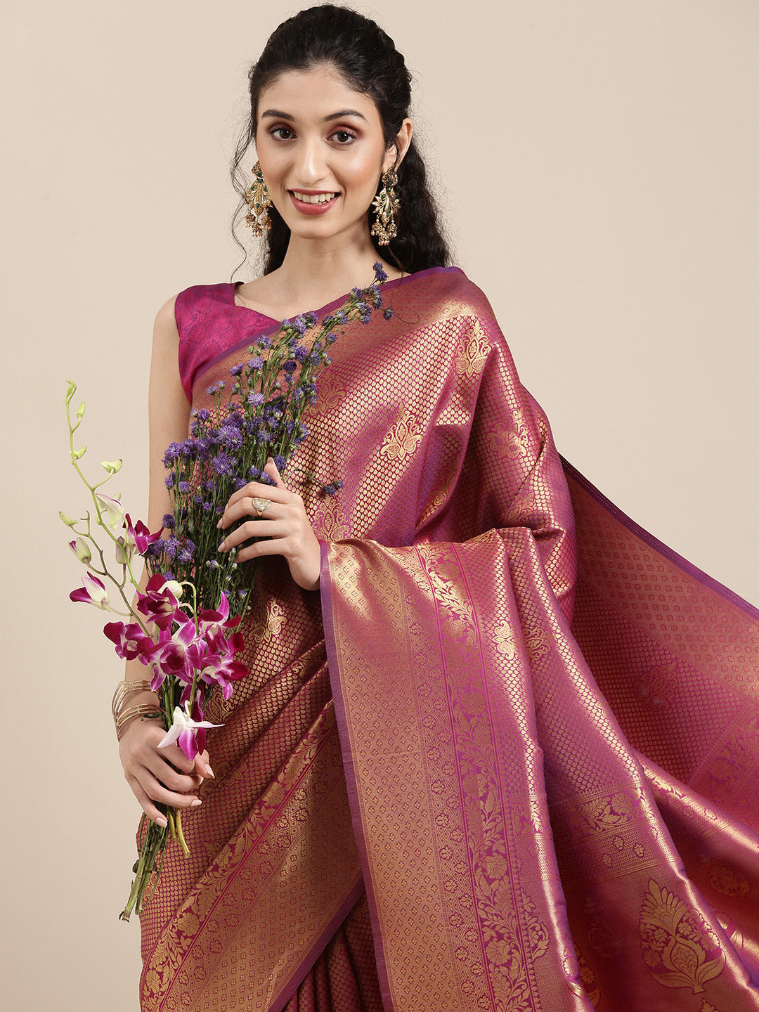 Saree Mall Magenta Ethnic Motifs Zari Silk Blend Banarasi Saree - Distacart