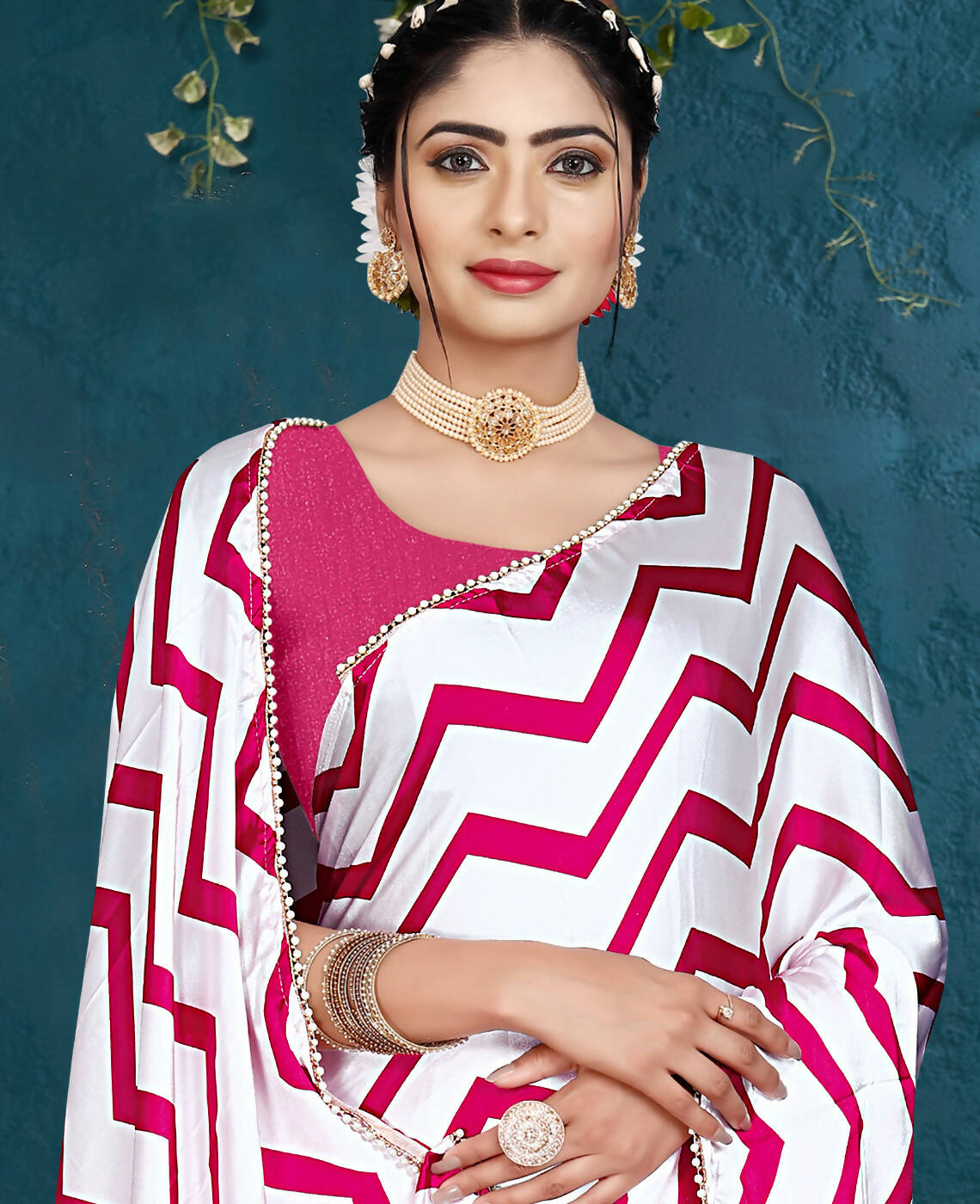 Pink Japan Satin Stripe Printed Saree With Unstitched Blouse Piece - Laavanya - Distacart