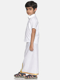Thumbnail for Sethukrishna Boys White & Gold-Toned Pure Cotton Solid Shirt and Veshti Set - Distacart