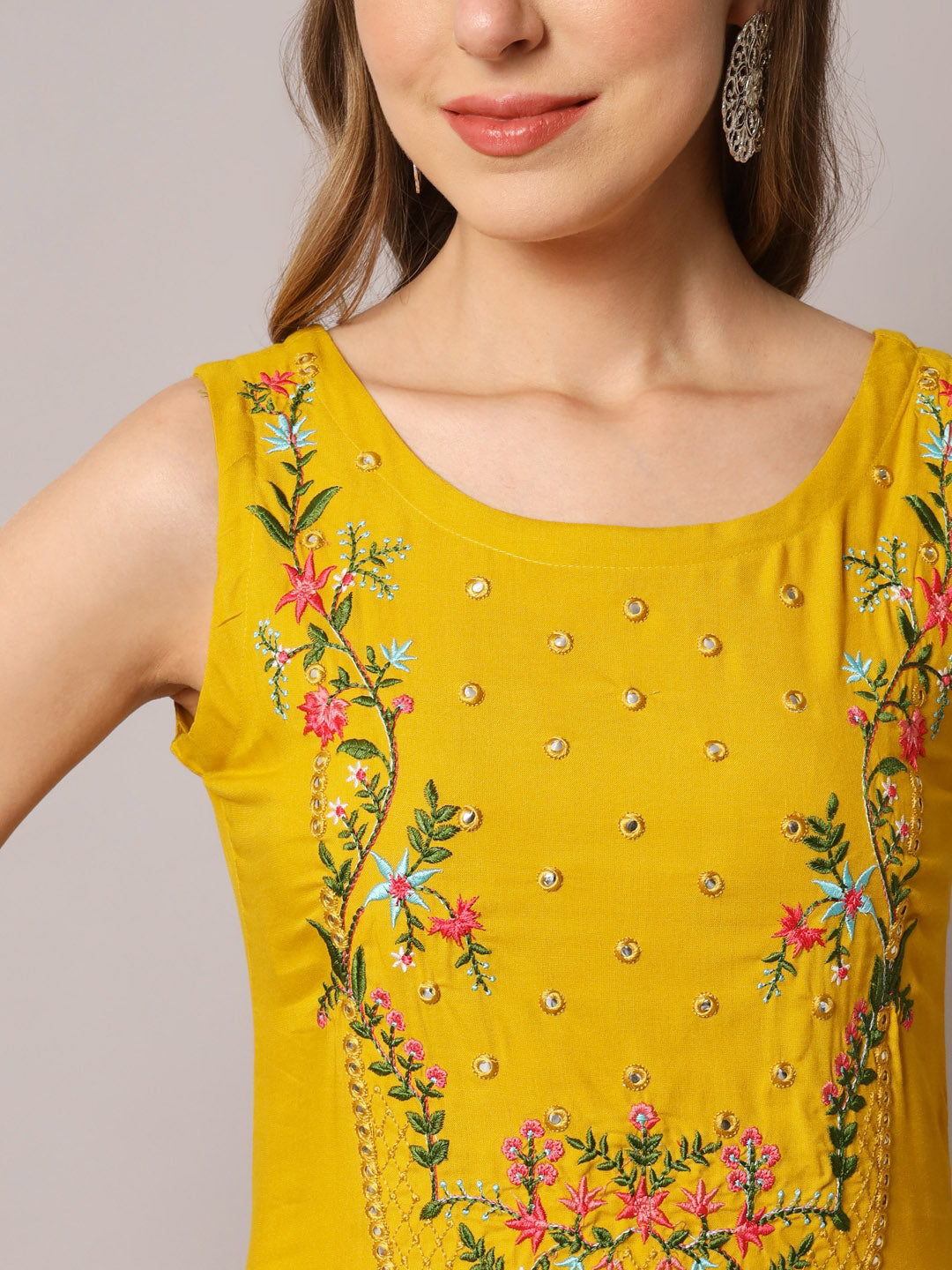 Kalini Floral Embroidered Mirror Work Straight Kurta with Trousers & Dupatta - Distacart