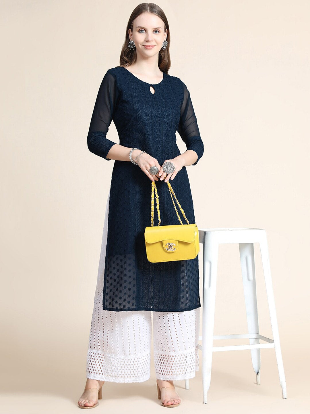 Kalini Women Blue Embroidered Thread Work Floral Georgette Kurta - Distacart