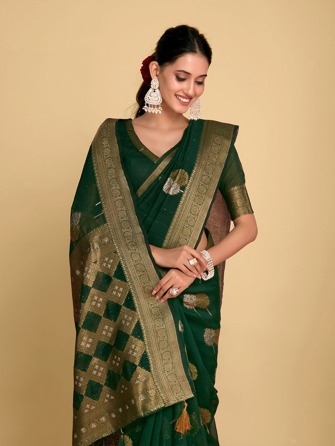 Sangria Green Ethnic Motifs Zari Linen Blend Saree - Distacart