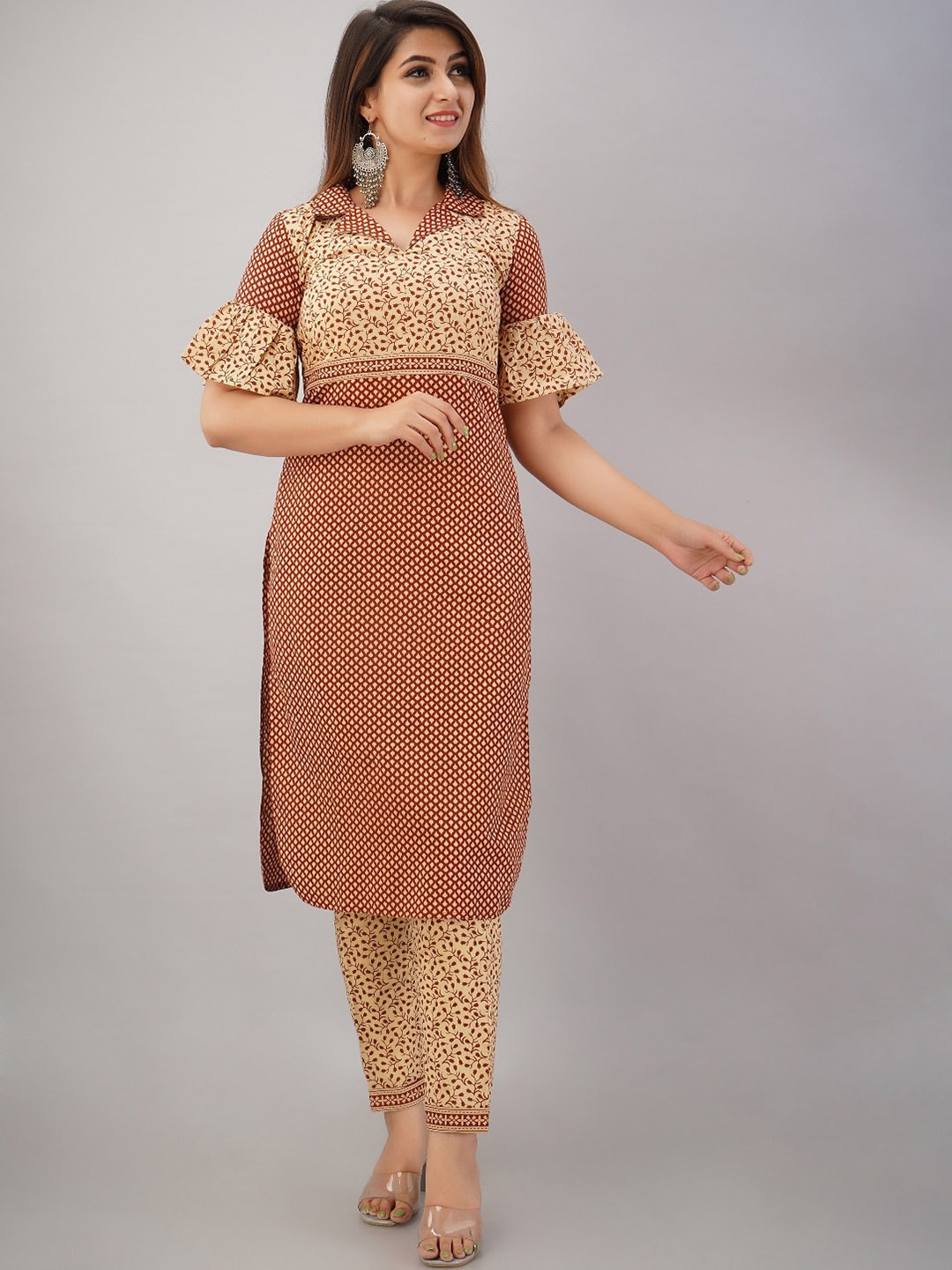 HERE&NOW Maroon & Beige Ethnic Motifs Printed Shirt Collar Kurta with Trousers - Distacart