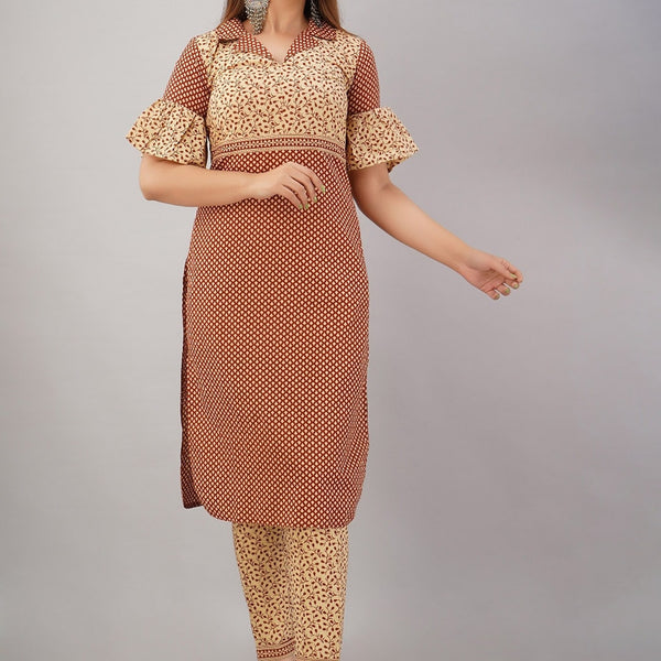 HERE&NOW Maroon & Beige Ethnic Motifs Printed Shirt Collar Kurta with Trousers - Distacart