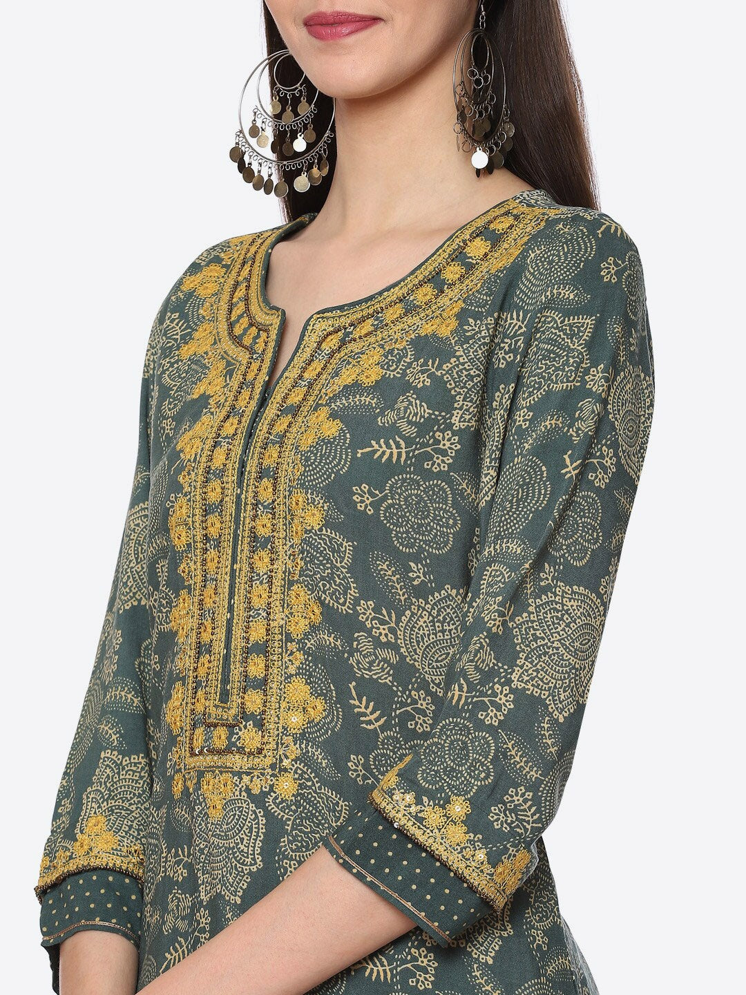 Biba Women Green Floral Embroidered Kurta - Distacart