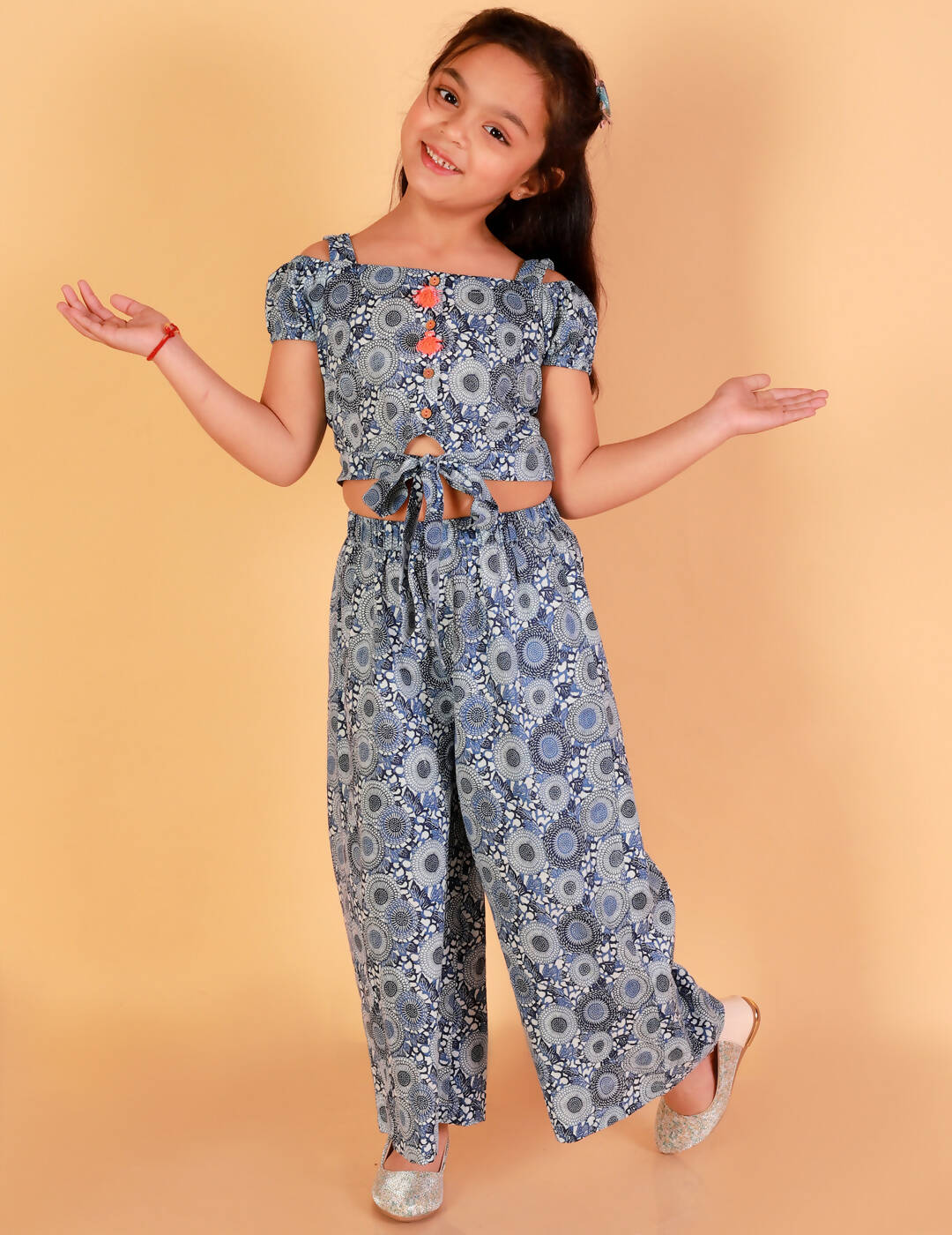 Lil Drama Girls Printed Top With Pants Set - Blue - Distacart