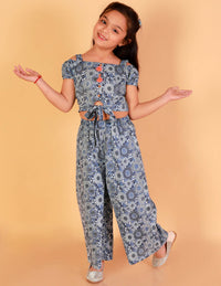 Thumbnail for Lil Drama Girls Printed Top With Pants Set - Blue - Distacart