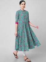 Thumbnail for Kalini Women Blue Floral Printed Thread Work Handloom Anarkali Kurta - Distacart
