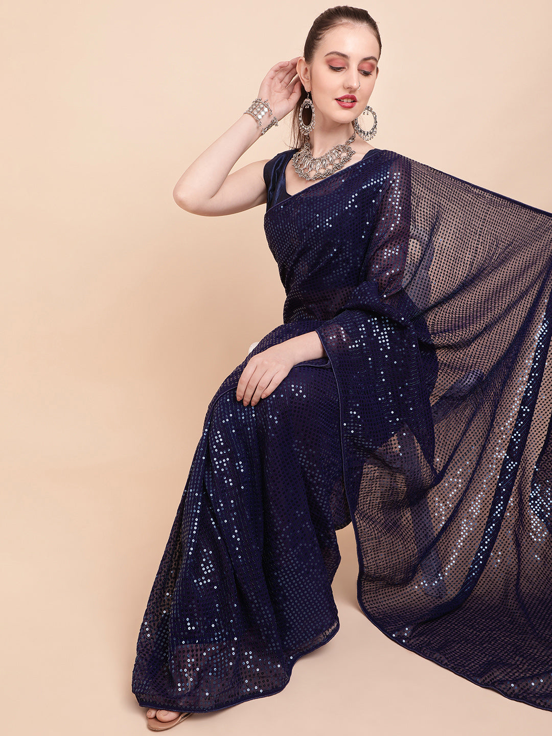 Sangria Navy Blue & Silver-Toned Sequin Embellished Pure Georgette Saree - Distacart
