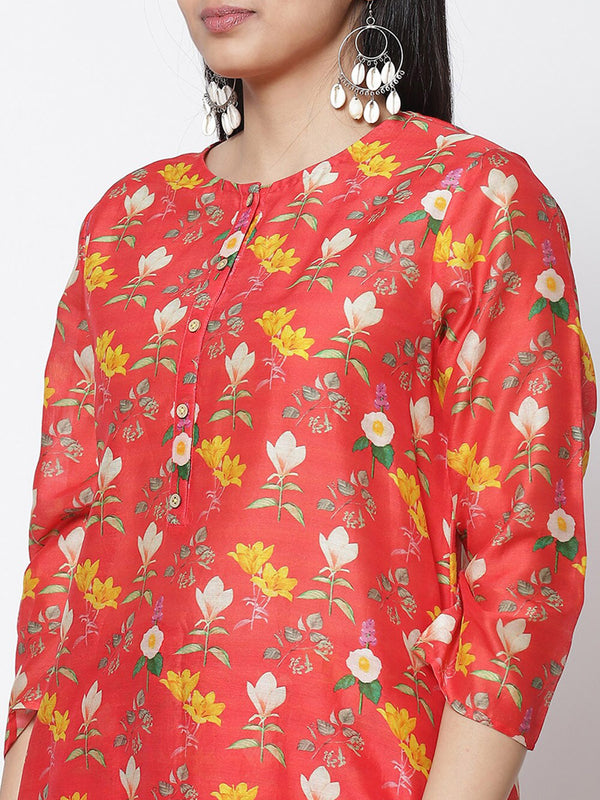 Biba Women Red & Yellow Floral Printed Kurta with Palazzos - Distacart