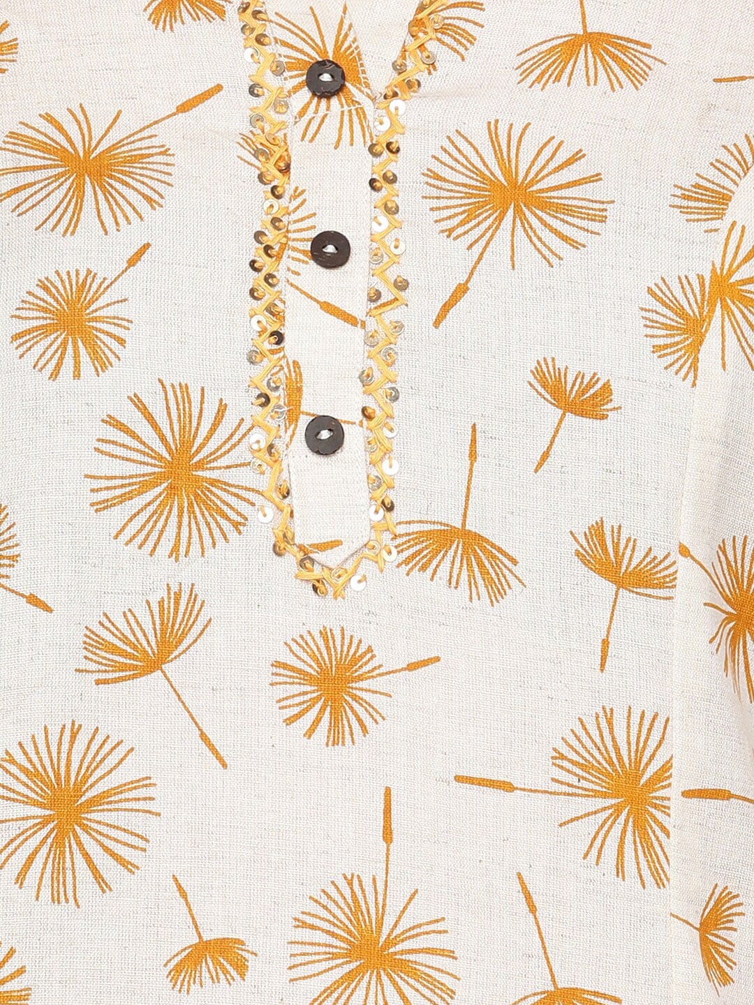 HERE&NOW Off White & Mustard Yellow Floral Printed Thread Work Sequinned Cotton Kurta - Distacart