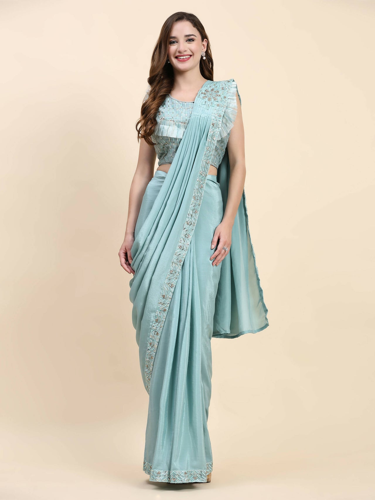 Sky Blue Silk Satin Solid Ready to wear Saree with stitched Blouse - Satiksha - Distacart