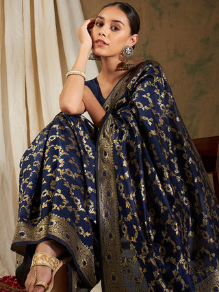 Sangria Navy Blue & Gold-Toned Floral Woven Design Zari Silk Blend Banarasi Saree - Distacart