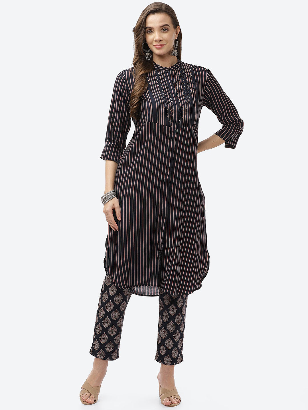 Biba Women Navy Blue Striped Panelled Kurti with Trousers - Distacart