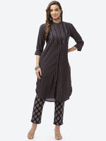 Thumbnail for Biba Women Navy Blue Striped Panelled Kurti with Trousers - Distacart