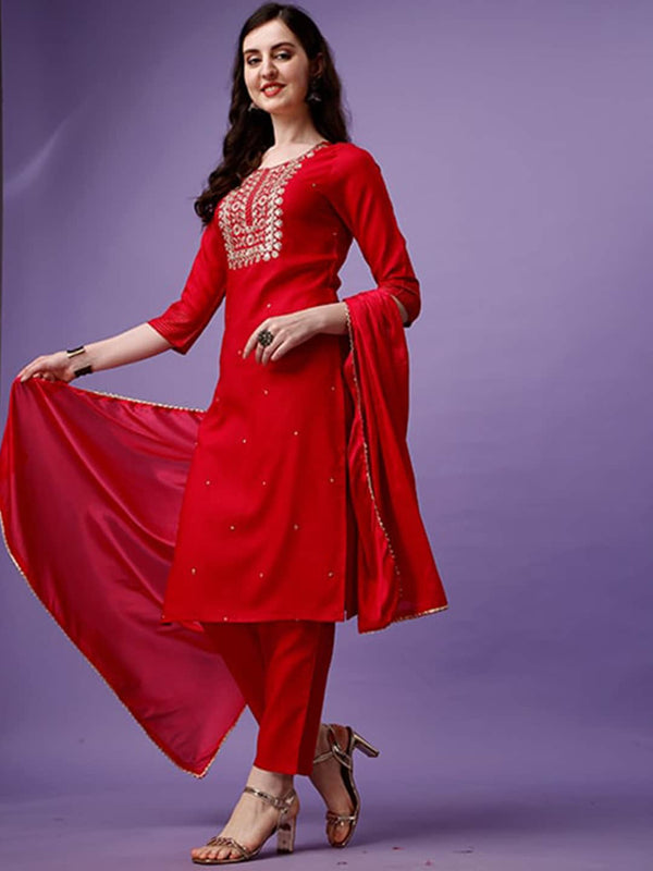 Kalini Women Red Embroidered Regular Thread Work Kurta with Trousers & With Dupatta - Distacart