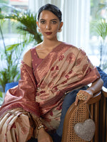 Thumbnail for Mitera Off White & Gold-Toned Floral Zari Organza Banarasi Saree - Distacart