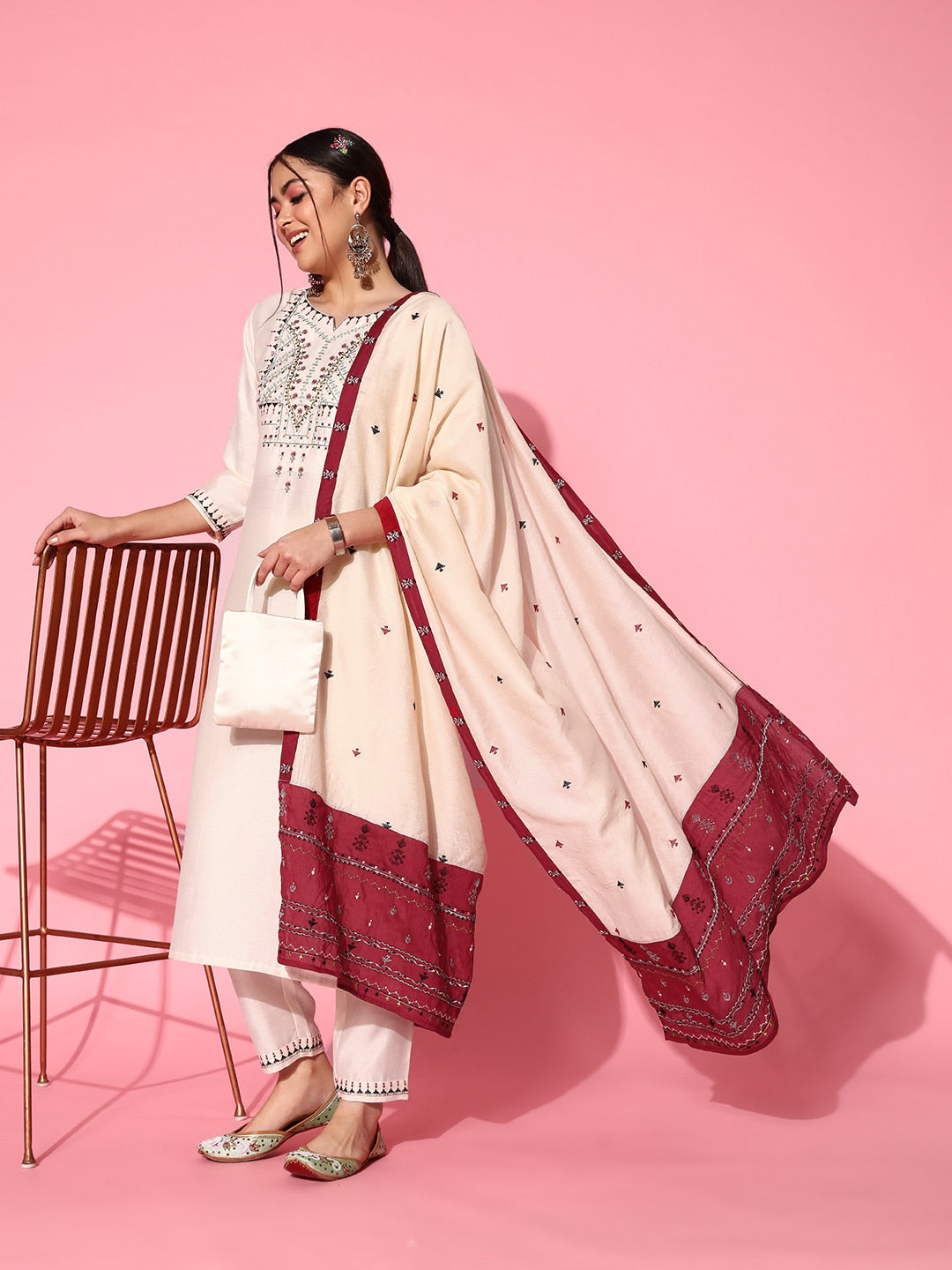 Sangria Women White Ethnic Motifs Embroidered Thread Work Kurta With Trousers & Dupatta - Distacart