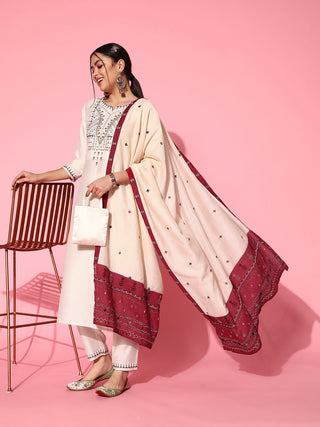 Sangria Women White Ethnic Motifs Embroidered Thread Work Kurta With Trousers & Dupatta - Distacart