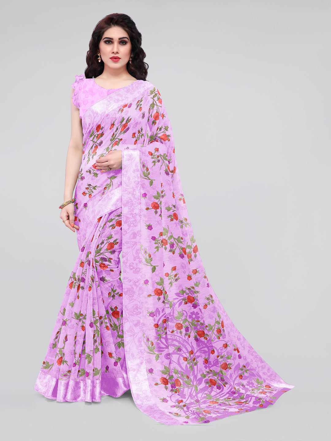 Kalini Pink & Lavender Floral Bagh Saree - Distacart