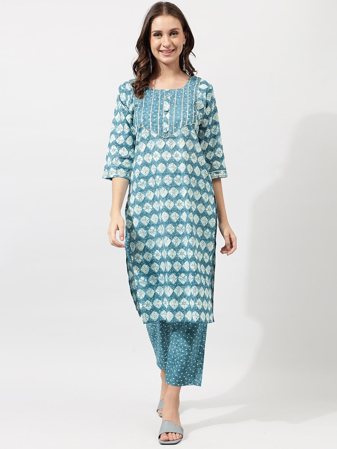 Kalini Blue Ethnic Motifs Printed Gotta Patti Pure Cotton Kurta with Trousers - Distacart