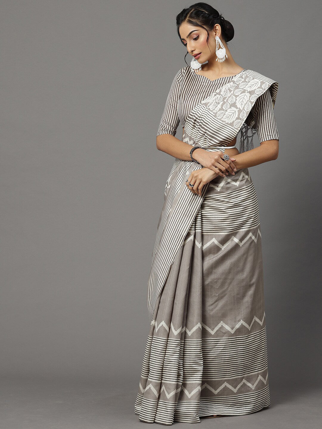 Mitera Grey & Off White Art Silk Bhagalpuri Saree - Distacart