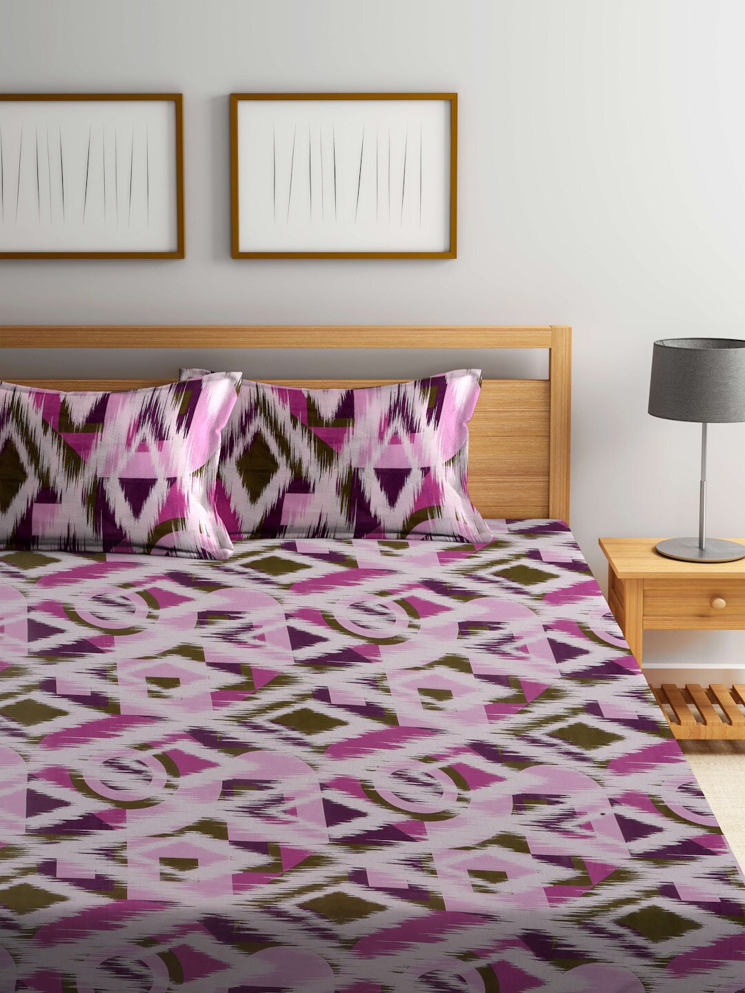BOMBAY DYEING Marigold Purple Geometric Cotton 104 TC King Bedsheet With 2 Pillow Covers - Distacart